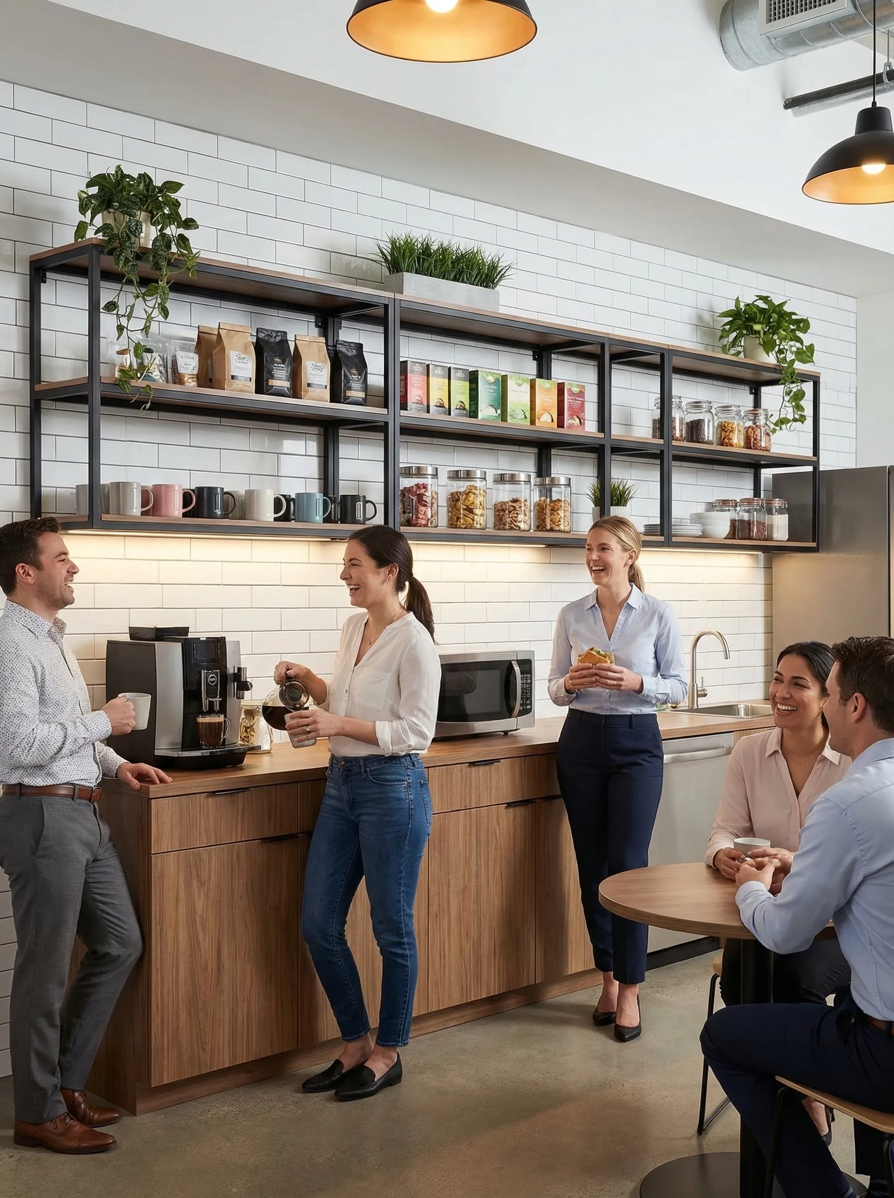 Colleagues gathered at an oak casework coffee station in a workplace kitchen